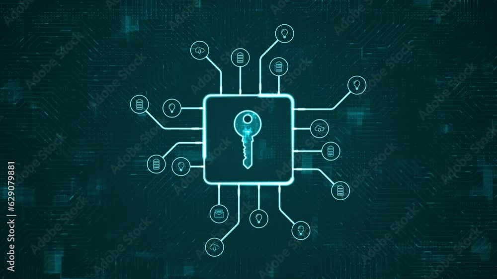 Poster motion graphic of blue digital security key logo and futuristic hud technology circuit board with te