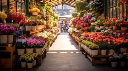 Fototapeta na wymiar A vibrant flower market with a vast array of fresh blooms. Generative AI