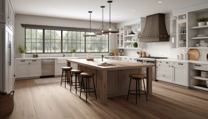Fototapeta premium bright, spacious and modern farmhouse style kitchen, generative ai