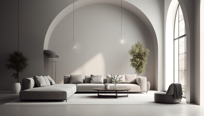 Modern minimalist interior with arch, concrete floor, sofa, coffe table and decor. 3d render illustration mock up. generative 