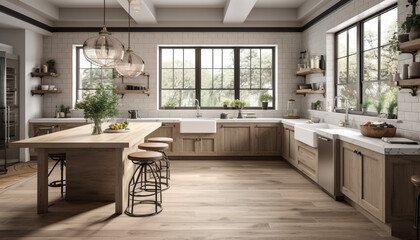 bright, spacious and modern farmhouse style kitchen, generative ai
