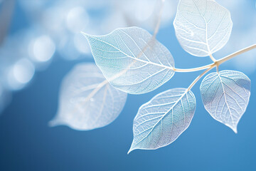 White skeletonized leaf on light blue background surrounded by round bokeh: an expressive image of natural beauty and purity.