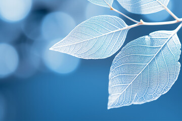 Obraz premium Expressive artistic image of nature's beauty and purity with beautiful white skeletonized leaf on light blue background and round bokeh.