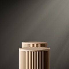 Cylinder brown podium with shadow beige wall background for luxury organic cosmetic, skin care, beauty treatment product display 3D rendering