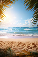 Summer vacation concept: background with frame, golden sand beach close-up, sea, blue sky, white clouds, rays of sun, and tropical palm leaf.