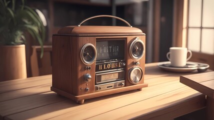 old classic radio in a wood table, generative Ai art illustration
