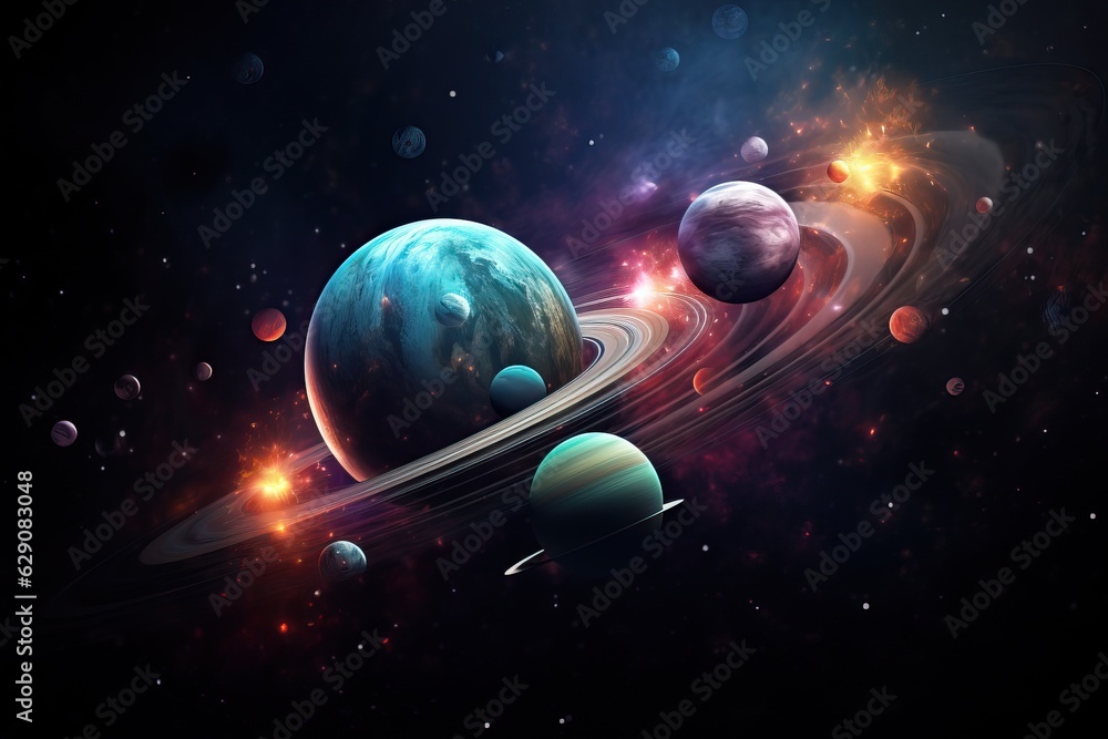 Poster planetary system 3d illustration of planets, in the style of colorful biomorphic forms planet and so