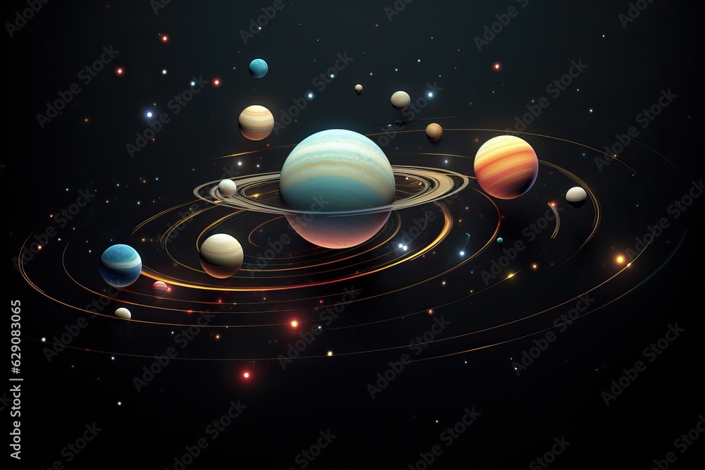 Poster planetary system 3d illustration of planets, in the style of colorful biomorphic forms planet and so