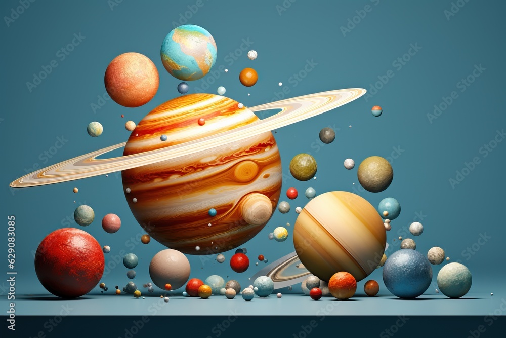 Poster planetary system 3d illustration of planets, in the style of colorful biomorphic forms planet and so