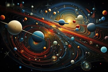 planetary system 3d illustration of planets, in the style of colorful biomorphic forms planet and solar system with saturn, moon, stars,