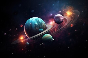 planetary system 3d illustration of planets, in the style of colorful biomorphic forms planet and solar system with saturn, moon, stars, - obrazy, fototapety, plakaty