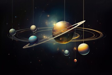 planetary system 3d illustration of planets, in the style of colorful biomorphic forms planet and solar system with saturn, moon, stars,