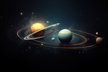 planetary system 3d illustration of planets, in the style of colorful biomorphic forms planet and solar system with saturn, moon, stars,