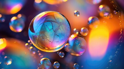 Fototapeta na wymiar Macro shot of soap bubbles revealing beautiful iridescent colors. Generative AI