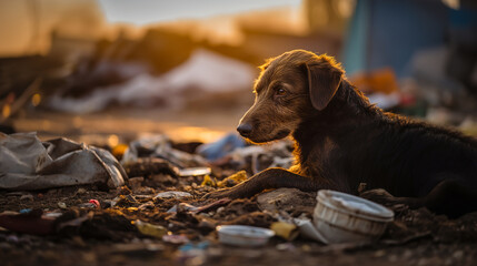 Hungry bone skin stray dog in a garbage dump. Enviromental issue about rubbish and waste pollution in the city. Digital illustration generative AI.
