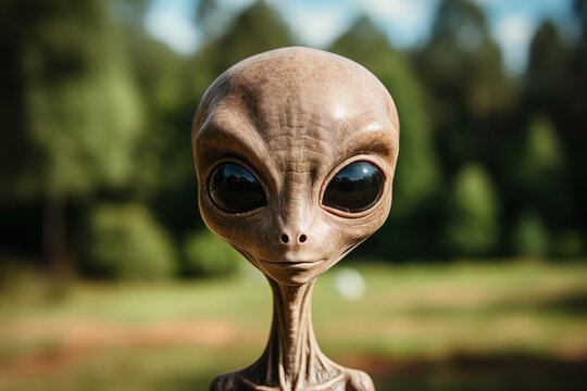A portrait of a brown extraterrestrial with large eyes looking at the camera. Extraterrestrial invasion
