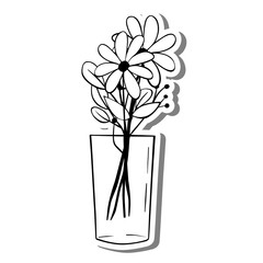 Black line doodle Flowers in Glass on white silhouette and gray shadow. Hand drawn cartoon style. Vector illustration for decorate and any design.