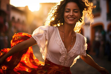 Folkloric Splendor: A Young and Beautiful Portuguese Woman Dressed in Traditional Clothing, Bringing Joy to a Cultural Festa