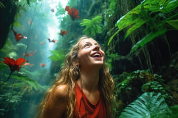 Laughter in the Jungle: A Vibrant Young Girl from Costa Rica with Infectious Joy in the Midst of the Fantastic Wilderness and Towering Trees.