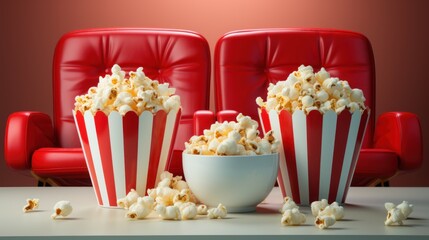 Two red cinema chairs with fizzy drinks and a box of popcorn on white background. Entertainment