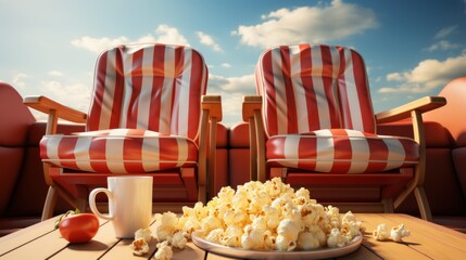 Two red cinema chairs with fizzy drinks and a box of popcorn on white background. Entertainment