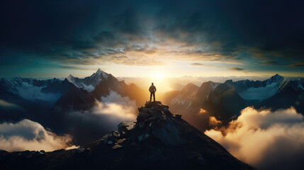 Peaks Embrace. A trekker Standing Atop Majestic Alps, Appreciating the Mesmerizing Sunrise Beauty. A Journey of Challenge, Triumph, and Passion for Nature and Mountains.