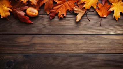 Obraz premium Top View Wooden Table with Autumn Leaves