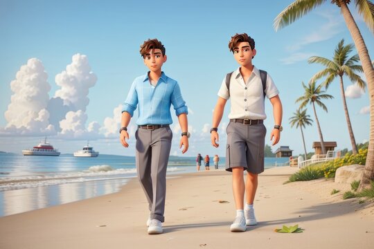 smart boys with attractive physique walking at beach