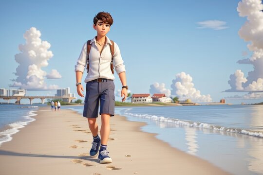 handsome boy with attractive physique walking at beach
