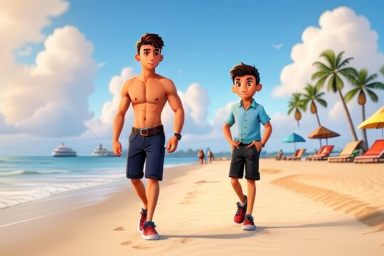 handsome boys with attractive physique walking at beach