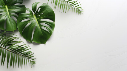 Top View White Table with Green Monstera Leaves