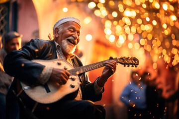 Obraz premium Melodies of Tradition. Elderly Moroccan Playing Oud Outdoors in Festive Street Celebration. AI Generative. 