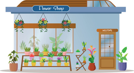 ornamental plants, flower pot, home plant, flowers, small business, flower shop, home for plant and flower, plant store, florist shop or store building vector illustration