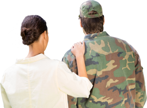 Digital png photo of back of diverse couple standing on transparent background