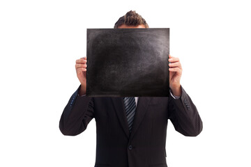 Digital png photo of caucasian businessman holding black board on transparent background