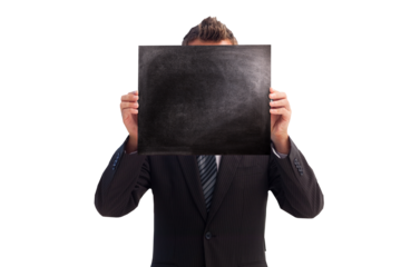 Digital png photo of caucasian businessman holding black board on transparent background