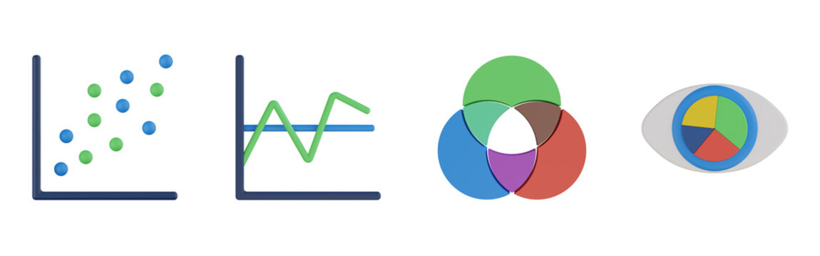3d scatter graph, variability, venn diagram, pie chart visualisation. Analytics 3d render set. Transparent background. High quality render