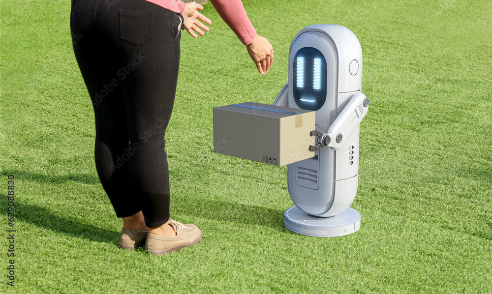 Aufkleber smart logistic concept with delivery assistant robot send parcel box