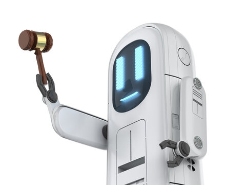 Internet law concept with 3d rendering cute assistant robot hold gavel judge