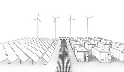 Outline of energy storage systems or battery container units with solar and turbine farm