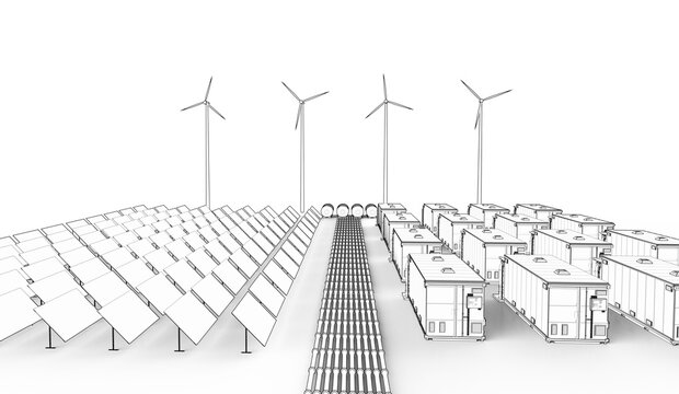 Outline of energy storage systems or battery container units with solar and turbine farm