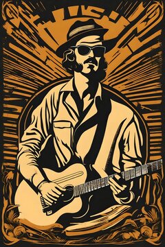 illustration of a vintage gig poster featuring a guitar player