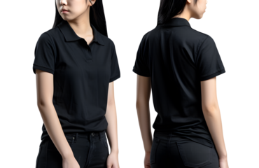 Young woman in black Polo shirt mockup front and back view, Cutout.