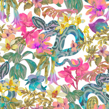 Bright tropical seamless print with orchids and snakes. Surface pattern with tropical flowers and leaves painted watercolors
