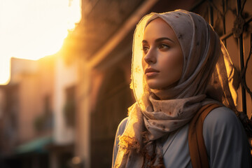 Cultural Grace. Islamic Woman Enjoying a Sunset Walk on the Street. AI Generative