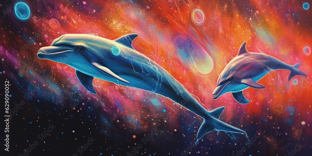 Poster an airbrush painting of 1980s dolphins floating in minimal space style. generative ai aig27.