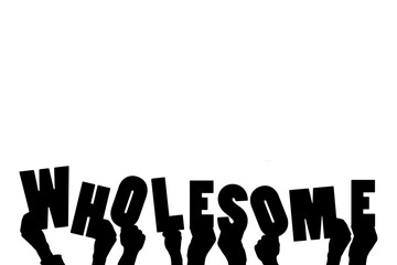 Digital png illustration of hands with wholesome text on transparent background