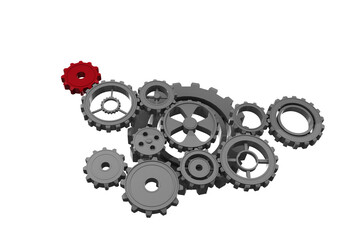 Digital png illustration of grey and red cogs on transparent background