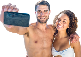 Digital png photo of caucasian couple using smartphone on transparent background