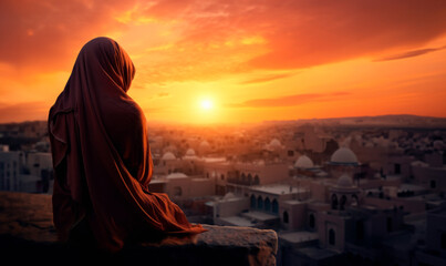 Spiritual Reflection. Muslim Woman Appreciating the Sunset on City Hills. AI Generative